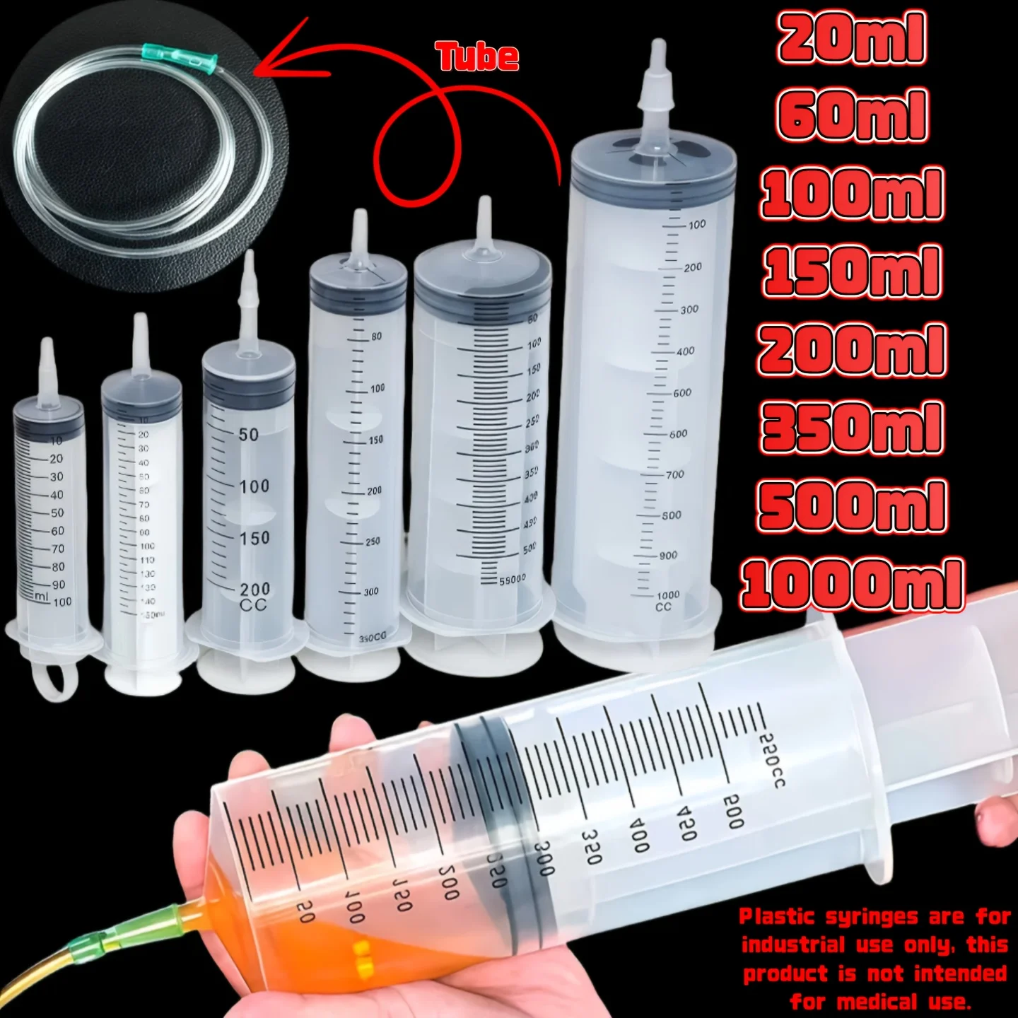 Seringue en plastique durable de grande capacité 100 ml, 150 ml, 250 ml, 350 ml, 550 ml, 1000 ml |   Extracteur d’huile automobile adapté au dosage en laboratoire, au dosage de colle, à l’arrosage des animaux de compag