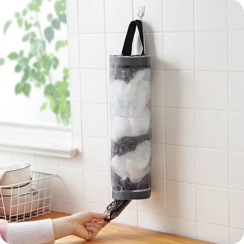 Sac de rangement gris SunOfficiBag, distributeur de sacs en plastique à mailles à montage mural, poudres de stockage réutilisées, sacs poubelle, org d’ordures de cuisine, 1PC